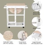 Kitchen Trolley 3 Piece Kitchen Cart Set Drop Leaf Breakfast Table and 2 Stools w/ Rolling Wheels & Towel Bars, Wood & White