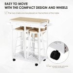 Kitchen Trolley 3 Piece Kitchen Cart Set Drop Leaf Breakfast Table and 2 Stools w/ Rolling Wheels & Towel Bars, Wood & White