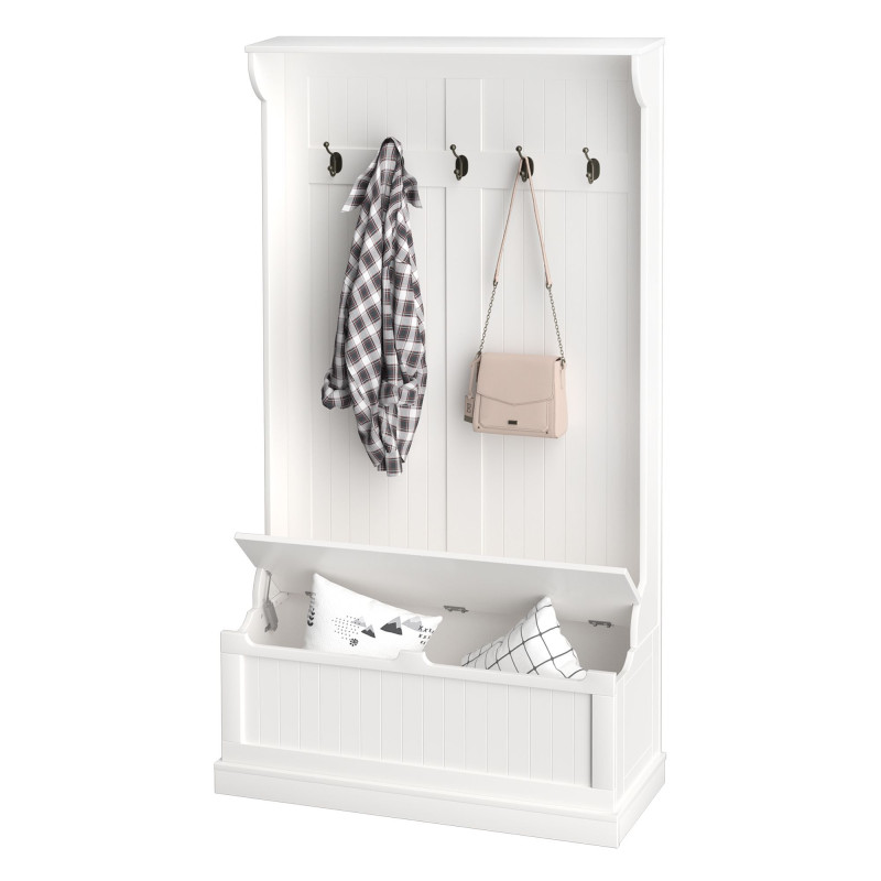 3-In-1 Hall Tree w/ Coat Rack, Shoe Storage and Bench Seat, Entryway Bench w/ 4 Hooks for Hallway, Living Room, White