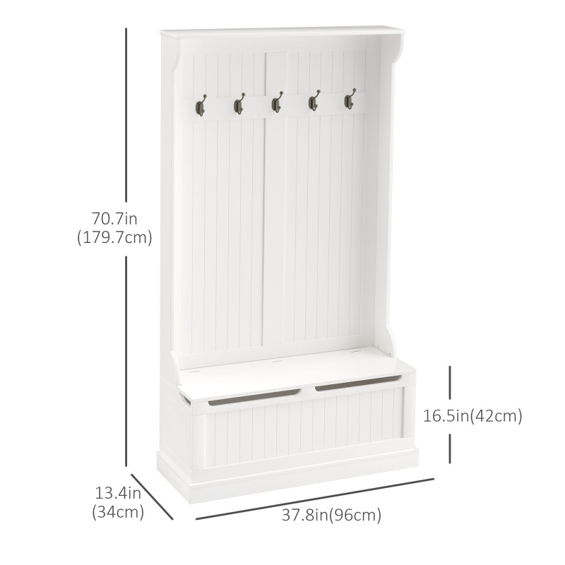 3-In-1 Hall Tree w/ Coat Rack, Shoe Storage and Bench Seat, Entryway Bench w/ 4 Hooks for Hallway, Living Room, White