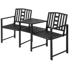 Metal Outdoor Bench, 2-Seater Garden Bench with Middle Table, Umbrella Hole, Slatted Seat and Backrest, Black