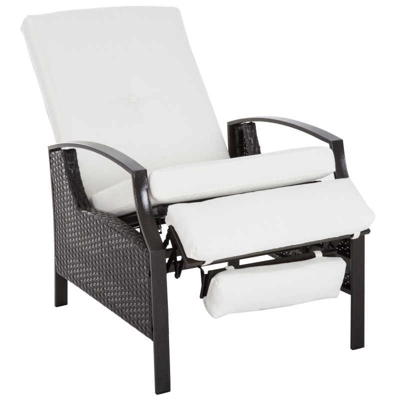 Outdoor Rattan Recliner Chair, Wicker Reclining Chair with Adjustable Back Retractable Footrest Cushion White