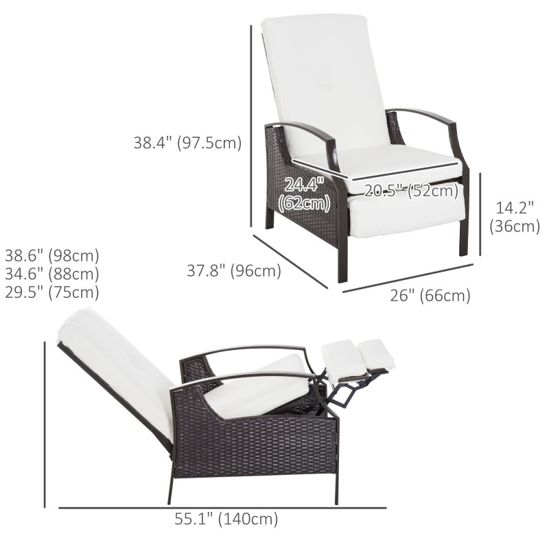Outdoor Rattan Recliner Chair, Wicker Reclining Chair with Adjustable Back Retractable Footrest Cushion White