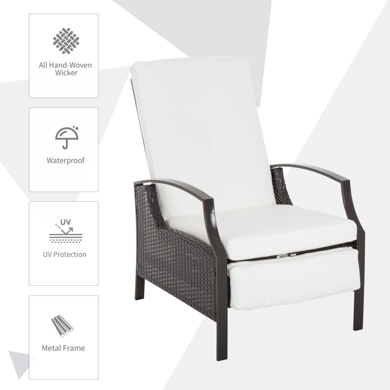 Outdoor Rattan Recliner Chair, Wicker Reclining Chair with Adjustable Back Retractable Footrest Cushion White