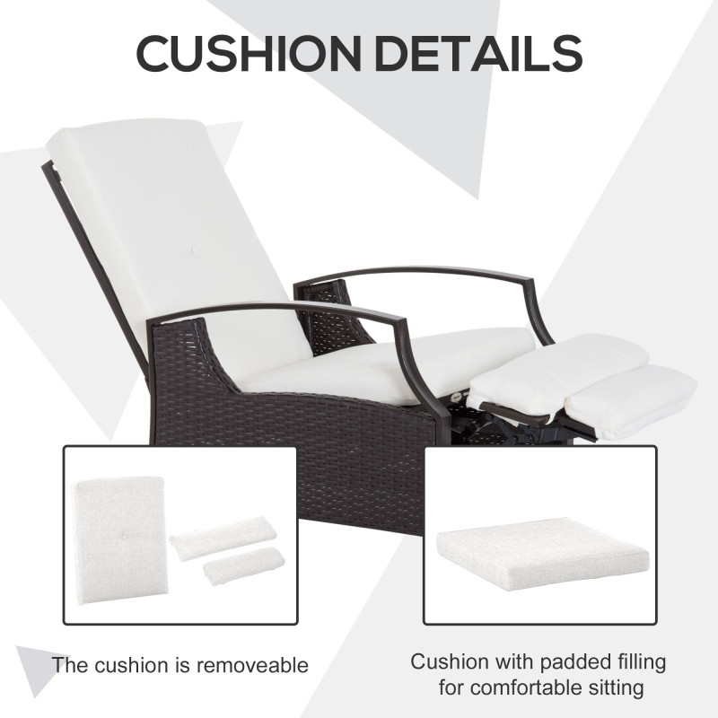 Outdoor Rattan Recliner Chair, Wicker Reclining Chair with Adjustable Back Retractable Footrest Cushion White