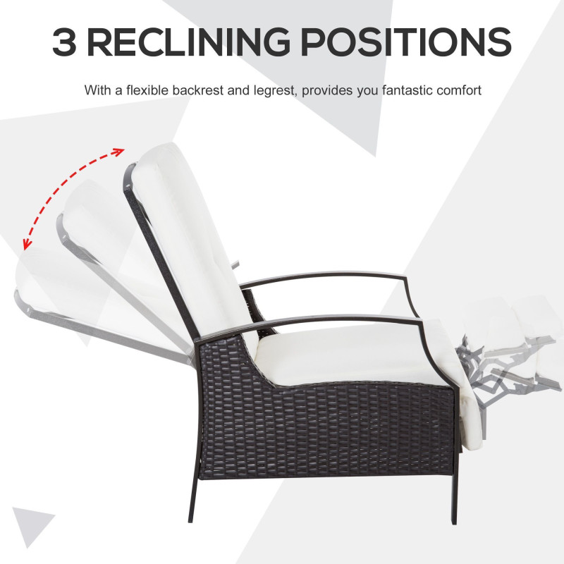 Outdoor Rattan Recliner Chair, Wicker Reclining Chair with Adjustable Back Retractable Footrest Cushion White
