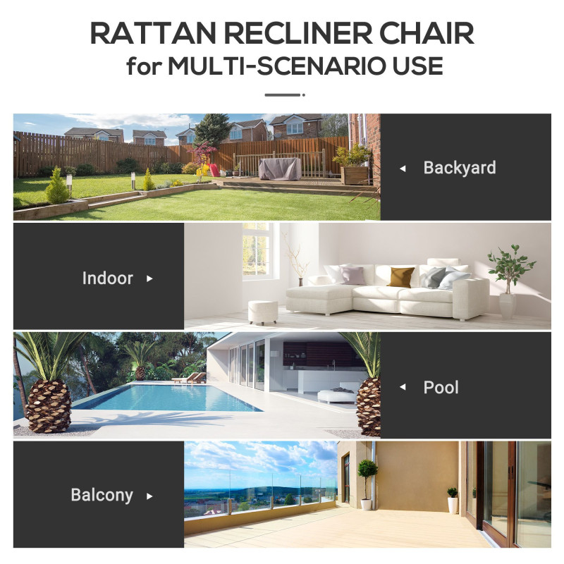 Outdoor Rattan Recliner Chair, Wicker Reclining Chair with Adjustable Back Retractable Footrest Cushion White