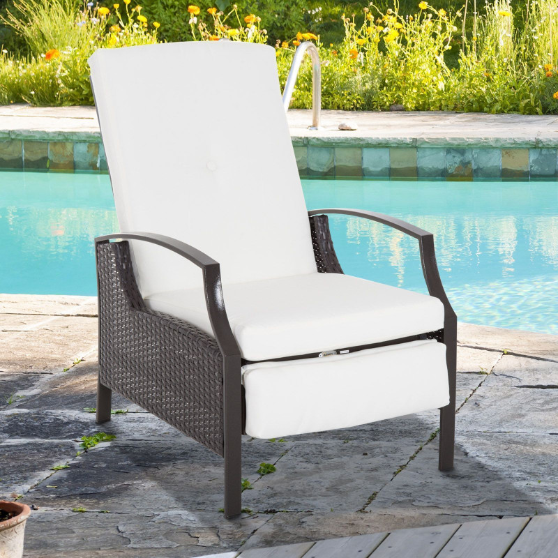 Outdoor Rattan Recliner Chair, Wicker Reclining Chair with Adjustable Back Retractable Footrest Cushion White