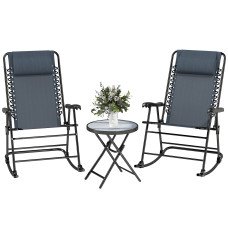 3pc Patio Rocking Chair Set, Folding Outdoor Rocking Chairs and Table Bistro Set w/ Breathable Mesh Seat & Backrest, Headrest for Park, Backyard, Garden, Grey