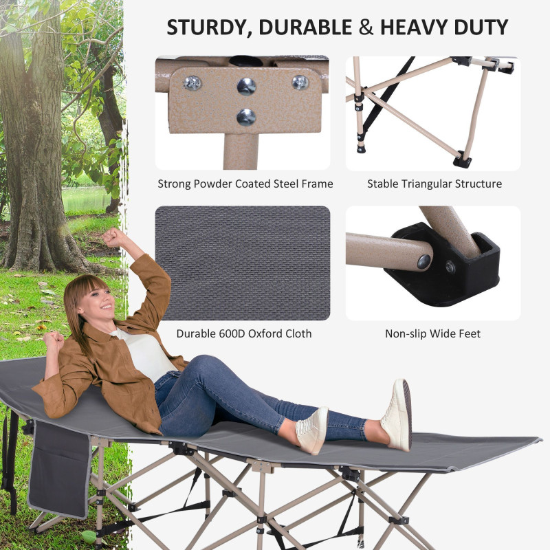 Folding Camping Cot for Adults with Carry Bag, Side Pocket, Outdoor Portable Sleeping Bed for Travel Camp Vocation, Grey