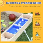 Wooden Kids Sandbox with Foldable Bench Seat, 2 Plastic Boxes, Bottom Liner, Storage Space for Garden, Backyard