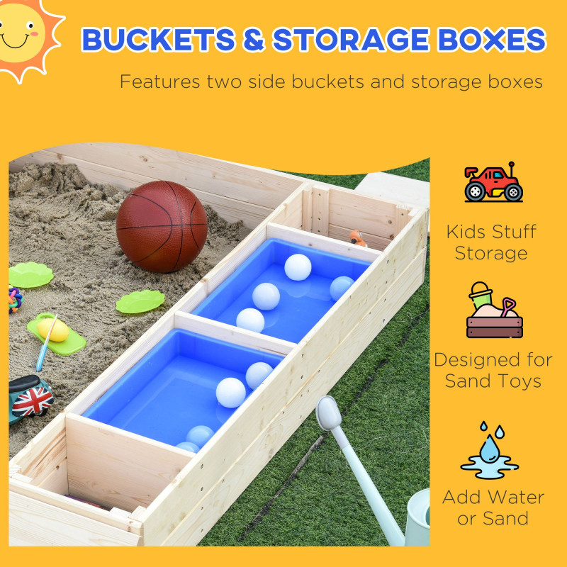 Wooden Kids Sandbox with Foldable Bench Seat, 2 Plastic Boxes, Bottom Liner, Storage Space for Garden, Backyard