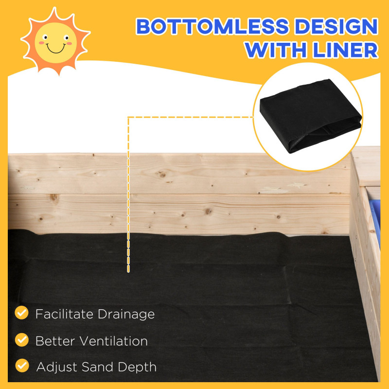 Wooden Kids Sandbox with Foldable Bench Seat, 2 Plastic Boxes, Bottom Liner, Storage Space for Garden, Backyard