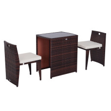 3 Pieces Wicker Patio Dining Set Outdoor Furniture Set with Removable Cushions, Glass Top Dining Table, PE Rattan Conversation Set for Garden Poolside, Cream White