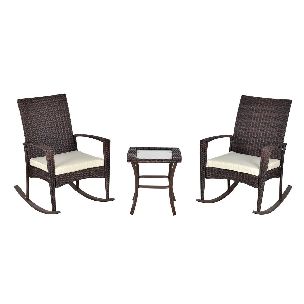 3 Pieces Patio Wicker Rocking Chair Set,  Outdoor PE Rattan Bistro Set Conversation Rocker Set with 2 Chairs 1 Coffee Table for Backyard, Deck, Poolside, Cream White
