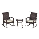 3 Pieces Patio Wicker Rocking Chair Set,  Outdoor PE Rattan Bistro Set Conversation Rocker Set with 2 Chairs 1 Coffee Table for Backyard, Deck, Poolside, Cream White