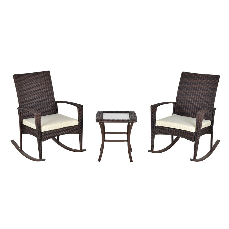 3 Pieces Patio Wicker Rocking Chair Set,  Outdoor PE Rattan Bistro Set Conversation Rocker Set with 2 Chairs 1 Coffee Table for Backyard, Deck, Poolside, Cream White