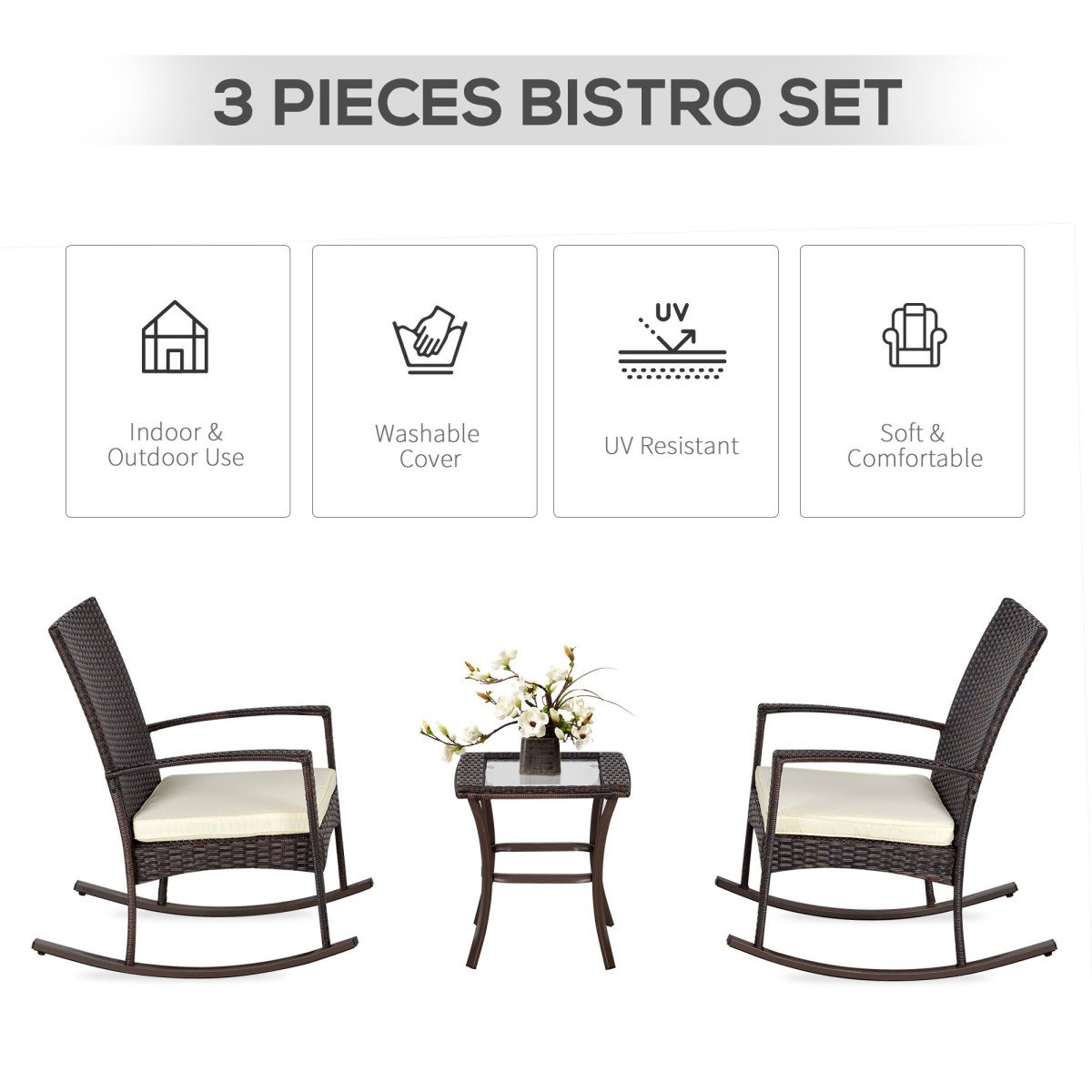 3 Pieces Patio Wicker Rocking Chair Set,  Outdoor PE Rattan Bistro Set Conversation Rocker Set with 2 Chairs 1 Coffee Table for Backyard, Deck, Poolside, Cream White