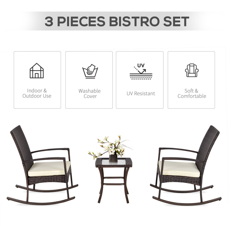 3 Pieces Patio Wicker Rocking Chair Set,  Outdoor PE Rattan Bistro Set Conversation Rocker Set with 2 Chairs 1 Coffee Table for Backyard, Deck, Poolside, Cream White