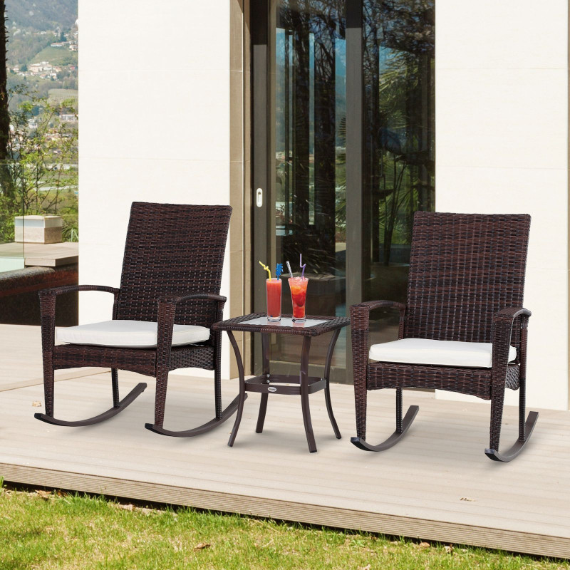3 Pieces Patio Wicker Rocking Chair Set,  Outdoor PE Rattan Bistro Set Conversation Rocker Set with 2 Chairs 1 Coffee Table for Backyard, Deck, Poolside, Cream White