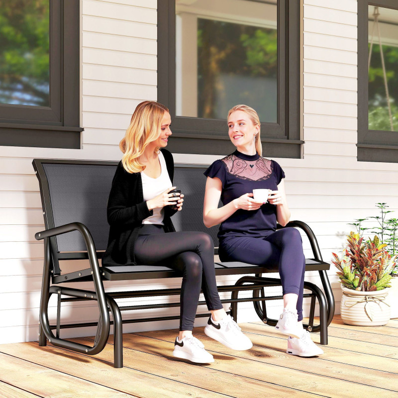 Patio Double Glider Outdoor Steel Sling Fabric Gliding Bench Garden Swing Chair Heavy-Duty Porch Rocker Garden Loveseat Grey