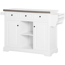Kitchen Island on Wheels with Stainless Steel Top, Spice Rack, Drawers, Rolling Bar Cart with Storage, White