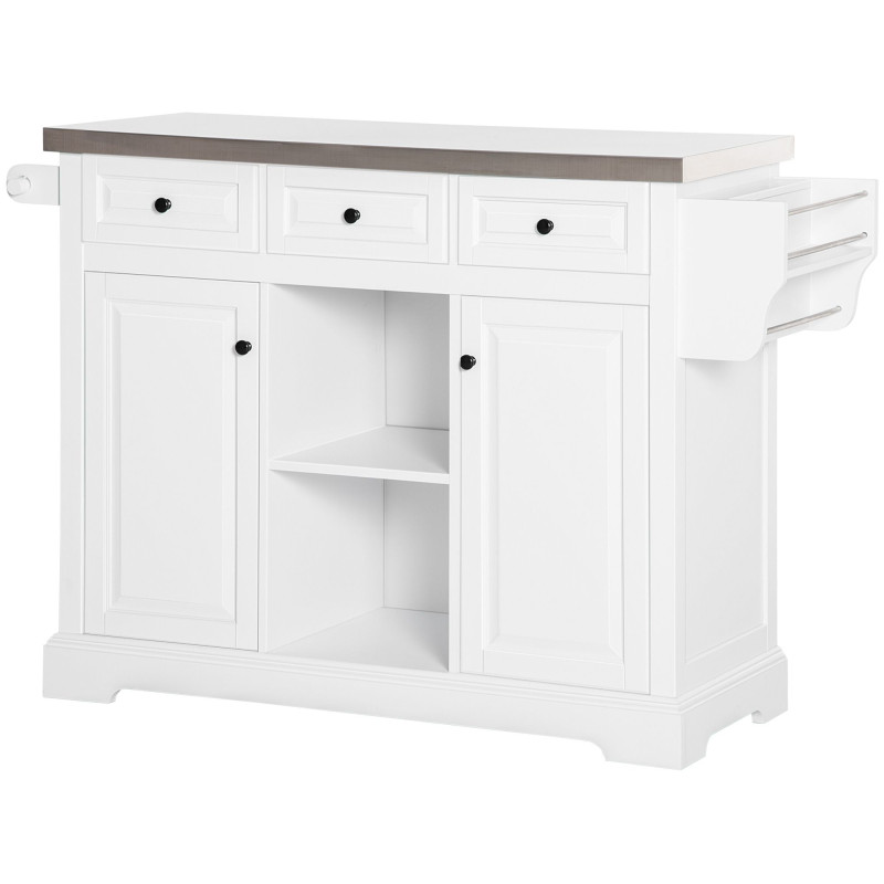 Kitchen Island on Wheels with Stainless Steel Top, Spice Rack, Drawers, Rolling Bar Cart with Storage, White