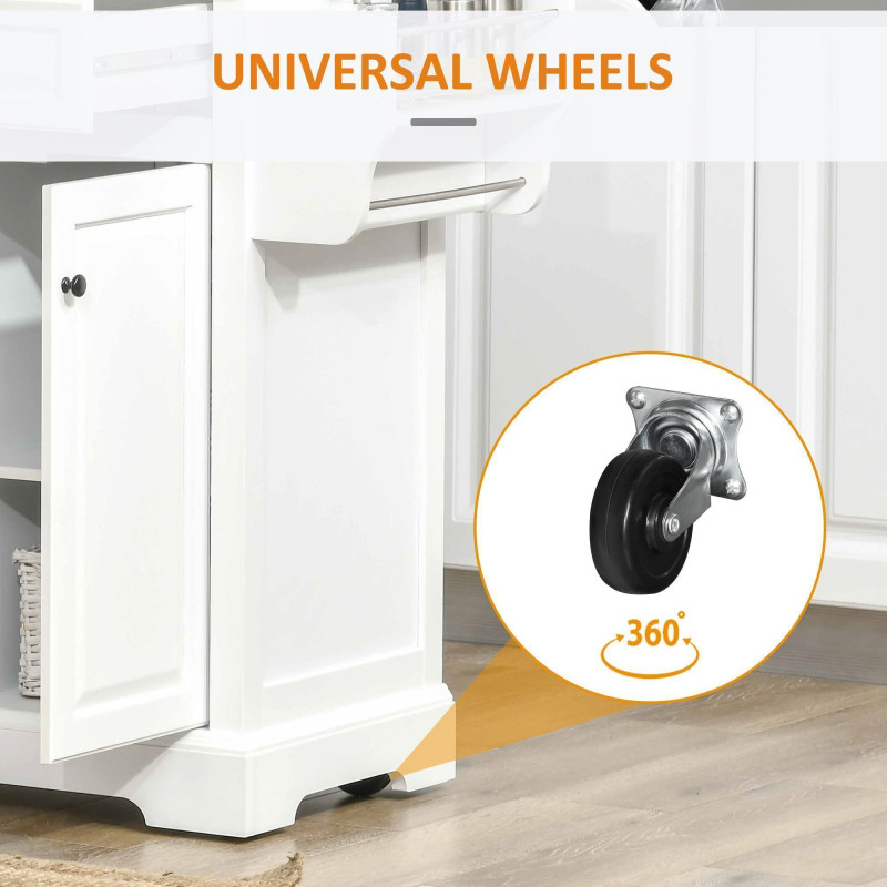 Kitchen Island on Wheels with Stainless Steel Top, Spice Rack, Drawers, Rolling Bar Cart with Storage, White