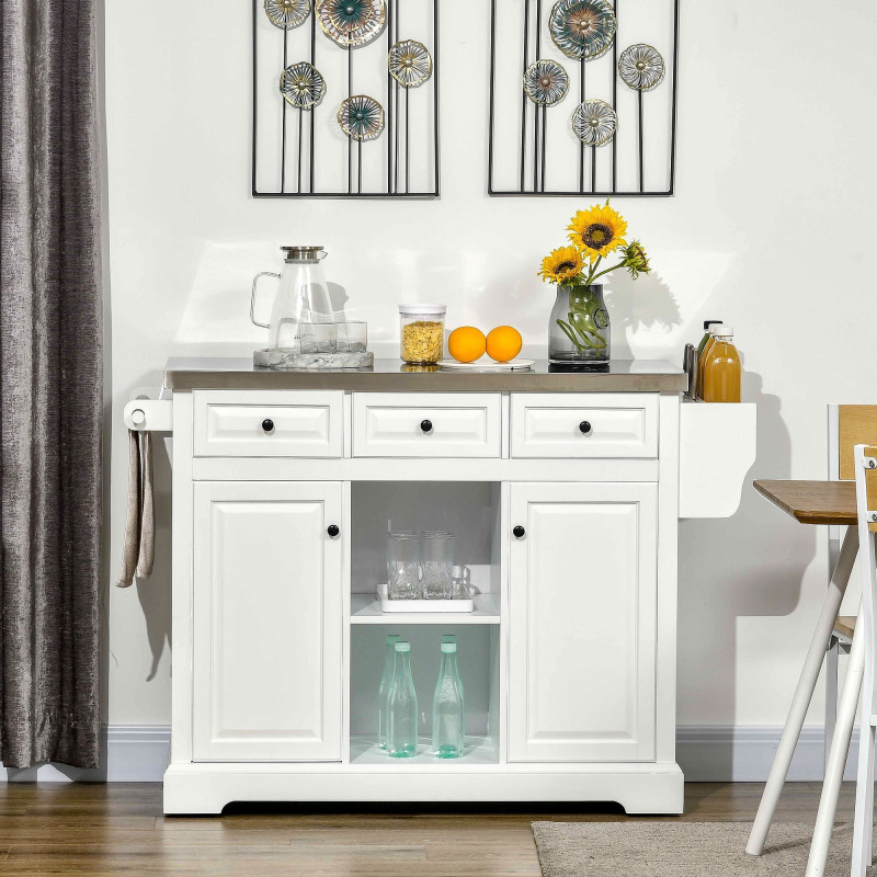 Kitchen Island on Wheels with Stainless Steel Top, Spice Rack, Drawers, Rolling Bar Cart with Storage, White