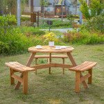 6 Person Round Picnic Table Bench Set with Umbrella Hole, Wood Patio Table with 3 Built-in Benches for Garden, Deck, Backyard, Brown