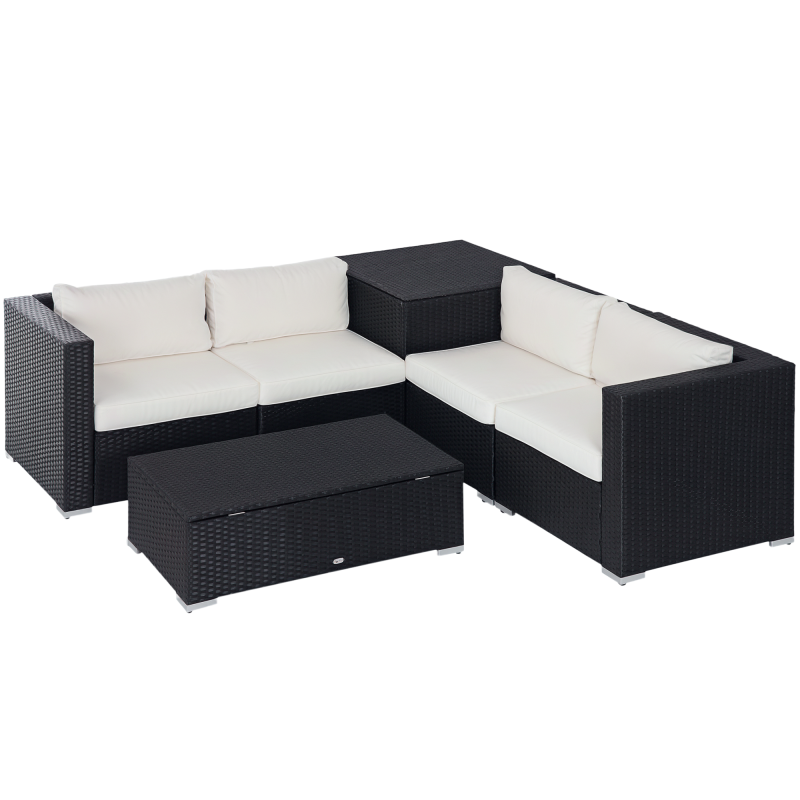 6 Pieces Patio Furniture Set with Cushion, Outdoor PE Rattan Wicker Sectional Conversation Furniture Sofa with Storage Table and Coffee Table, Beige
