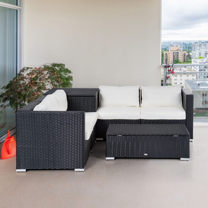 6 Pieces Patio Furniture Set with Cushion, Outdoor PE Rattan Wicker Sectional Conversation Furniture Sofa with Storage Table and Coffee Table, Beige