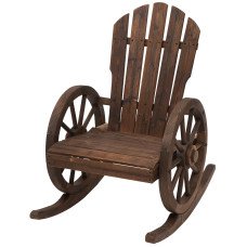 Patio Wooden Rocking Chair, Wagon Outdoor Rocker Chair with Slatted Design and Wheel Armrests for Garden, Carbonized