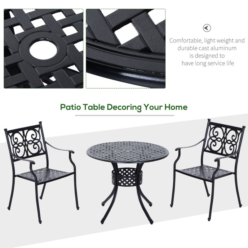 33-Inch Roud Patio Dining Table with Umbrella Hole, Cast Aluminum Garden Table, All Weather Patio Bisto Table, for Lawn, Garden, Outside, Black