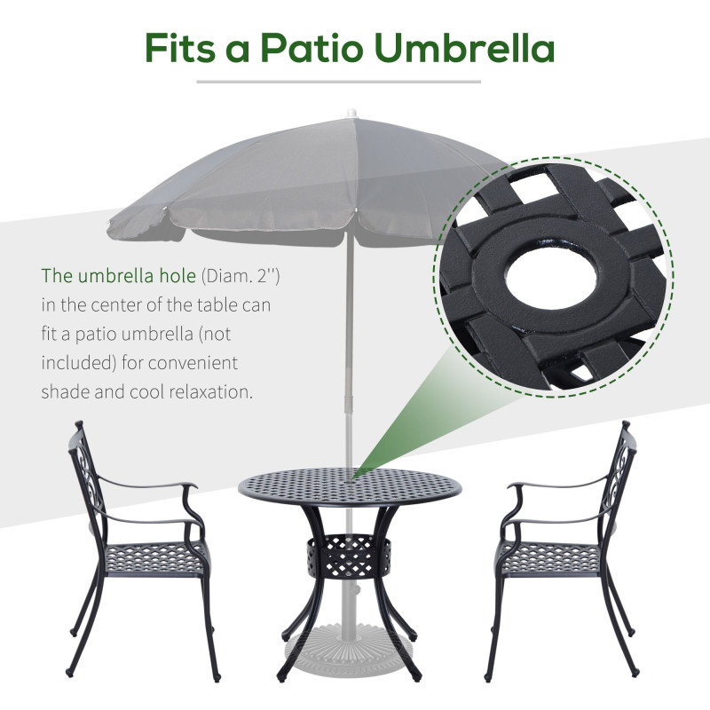 33-Inch Roud Patio Dining Table with Umbrella Hole, Cast Aluminum Garden Table, All Weather Patio Bisto Table, for Lawn, Garden, Outside, Black