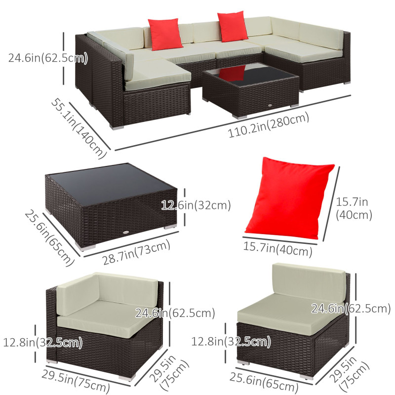 7 Pieces Patio Sofa Outdoor Wicker Sectional Patio Furniture, Dark Brown & Beige