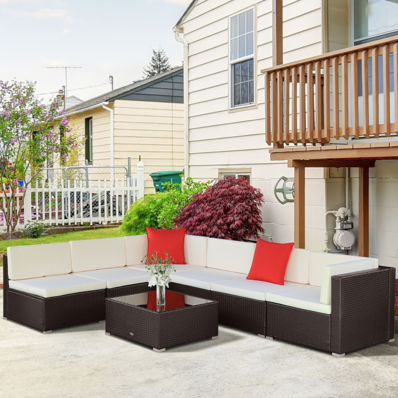 7 Pieces Patio Furniture Set, Rattan Outdoor Conversation Set, Garden Wicker Sofa Set, Ivory