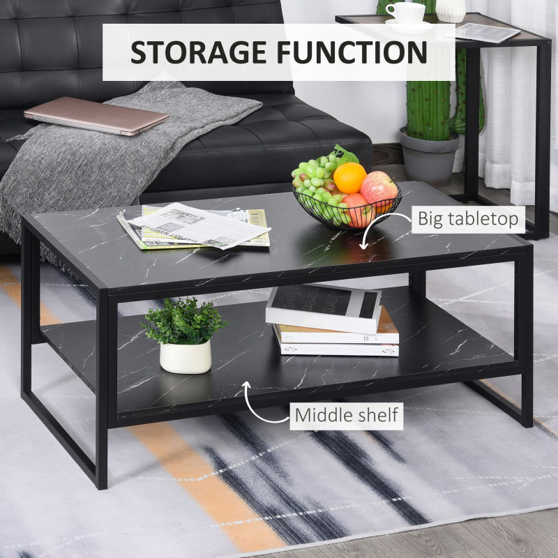 2-Tier Coffee Table with Storage Shelf, Cocktail Table with Marble Textured Table Top, for Living Room Bedroom Dorm, Black