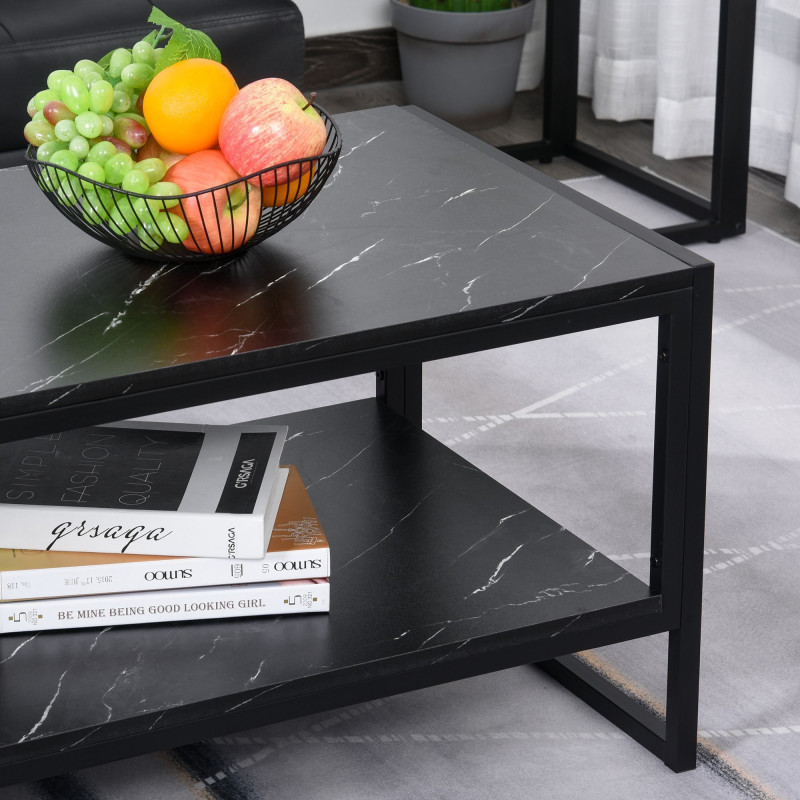 2-Tier Coffee Table with Storage Shelf, Cocktail Table with Marble Textured Table Top, for Living Room Bedroom Dorm, Black
